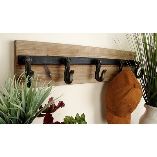 Brown Wood Industrial Wall Hooks, 6" x 24" x 4"